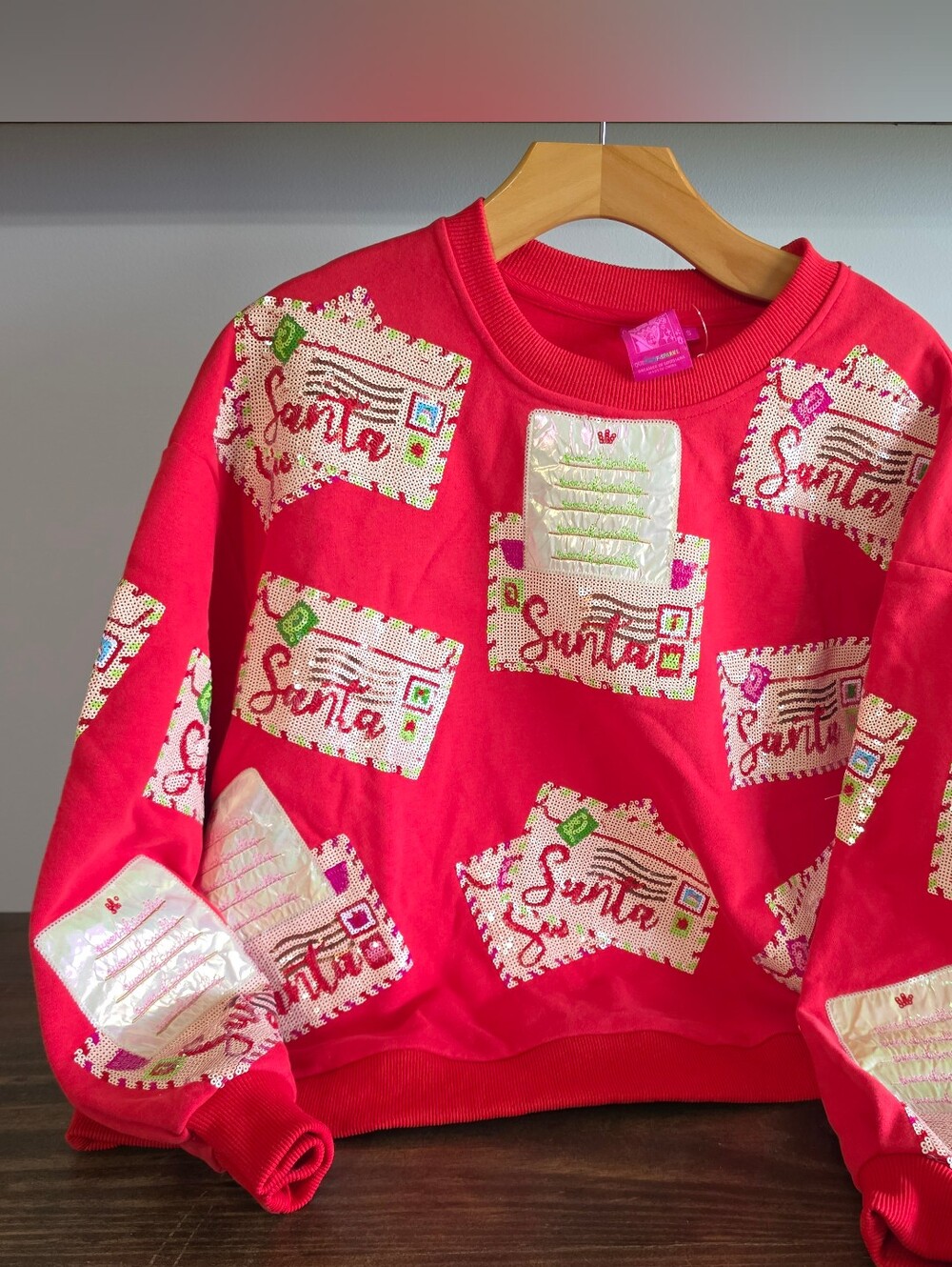 QUEEN OF SPARKLES Red Santa Letter Sequin Sweatshirt Size Small
